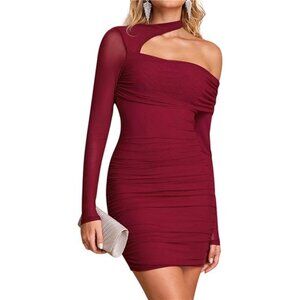 Sexy Sheer Long Sleeve Mini Dress Wine Red